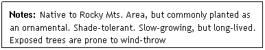Text Box: Notes: Native to Rocky Mts. Area, but commonly planted as an ornamental. Shade-tolerant. Slow-growing, but long-lived. Exposed trees are prone to wind-throw
