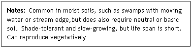 Text Box: Notes: Common in moist soils, such as swamps with moving water or stream edge,but does also require neutral or basic soil. Shade-tolerant and slow-growing, but life span is short. Can reproduce vegetatively 
