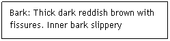 Text Box: Bark: Thick dark reddish brown with fissures. Inner bark slippery
